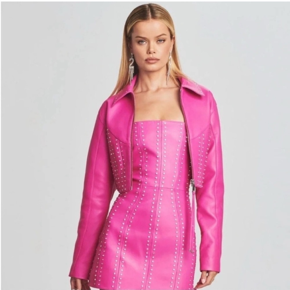 NWT Retrofete Castor Pink Leather Jacket Crystal Embellished